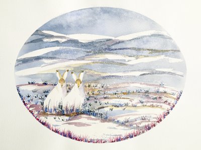 Two Hares in a Snowy Landscape by Suzi Kennett